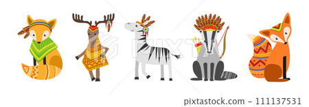 Funny Animal Character with Ethnic Ornament Vector Set 111137531