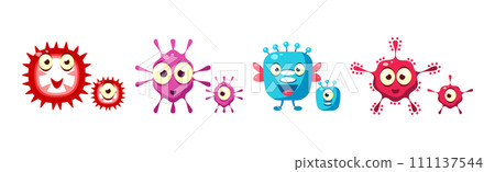 Bacteria and Microbes Characters with Funny Smiling Faces Vector Set 111137544