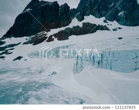 Panoramic view of the and lake located in the hiking trail in Tierra Mayor valley, Tierra del Fuego, Argentina. 111137935