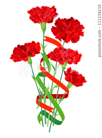 Bouquet of red carnations with festive ribbons on a white background. Vector flowers for greeting cards for Independence Day, May 9. Gift for Parents' Day 2024 as a token of love and gratitude. 111138218
