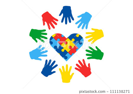 World Autism Awareness Day vector. Puzzle heart and children colored hands around, hand prints palms 111138271