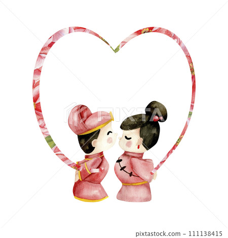 Watercolor Valentines illustration. Chinese, korean bride and groom toys in red dresses with floral heart shape frame background. Lovers couple arrangement for card, wedding, invitation design Watercolor Valentines illustration. Chinese, korean bride and groom toys in red dresses with floral heart shape frame background. Lovers couple arrangement for card, wedding, invitation design 111138415
