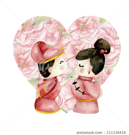 Watercolor Valentines illustration. Chinese, korean bride and groom toys in red dresses with heart shape background. Lovers couple arrangement for card, wedding, invitation design. Watercolor Valentines illustration. Chinese, korean bride and groom toys in red dresses with heart shape background. Lovers couple arrangement for card, wedding, invitation design. 111138416