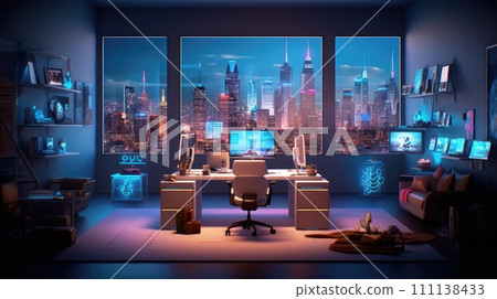 AI-generated content. Smart city workspace, futuristic office with hi-tech furniture, modern gadgets AI-generated content. Smart city workspace, futuristic office with hi-tech furniture, modern gadgets 111138433