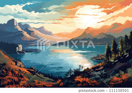 AI-generated content. beautiful lake with mountain view landscape illustration 111138501