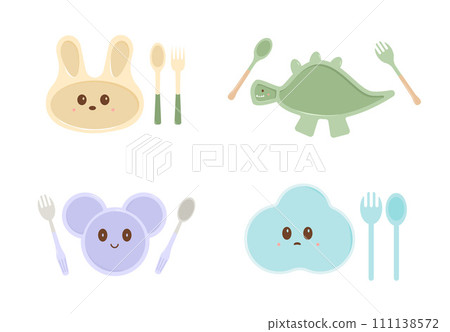 Kids tableware with animal face set. Childish cute bento box with cutlery. Empty silicone dish with spoon and fork. Vector flat illustration 111138572