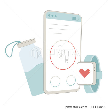 Step counter pedometer. Tracking healthy habits. Sports medicine industry for loss weight. Fitness application wellbeing. Chart indicator. Weight loss control. Vector flat illustration 111138580