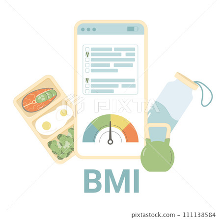 Healthy lifestyle. BMI and weight control application. Body mass index and counting calories on phone, kettlebell fitness and lunchbox meal isolated on white background. Vector flat illustration 111138584