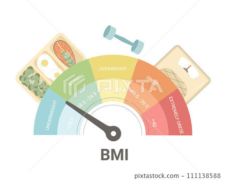 BMI Body mass index chart indicator. Weight control with fitness and healthy food. Vector flat illustration BMI Body mass index chart indicator. Weight control with fitness and healthy food. Vector flat illustration 111138588