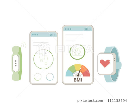 Tracking healthy habits. Sports medicine industry for loss weight. Fitness application. BMI and count of steps. Chart indicator. Weight loss control. Vector flat illustration 111138594