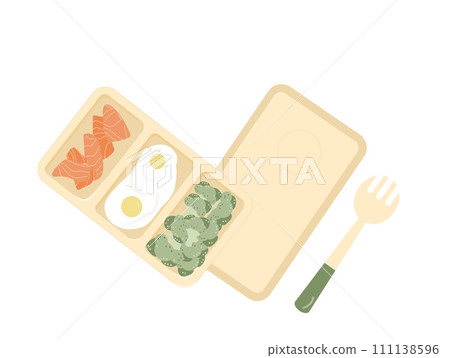 Lunchbox healthy food with cutlery. Tableware diet bento box. Plate sector salmon broccoli and eggs with fork. Vector flat illustration. Lunchbox healthy food with cutlery. Tableware diet bento box. Plate sector salmon broccoli and eggs with fork. Vector flat illustration. 111138596