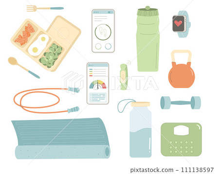 Gym and sport equipment. Healthy lifestyle set. Weight cardio and workout training elements collection. Fitness items. Weight loss control. Vector flat illustration isolated on white background Gym and sport equipment. Healthy lifestyle set. Weight cardio and workout training elements collection. Fitness items. Weight loss control. Vector flat illustration isolated on white background 111138597