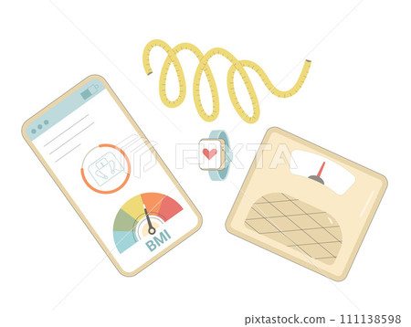 Weight loss control. BMI Body mass index. Vector flat illustration Weight loss control. BMI Body mass index. Vector flat illustration 111138598