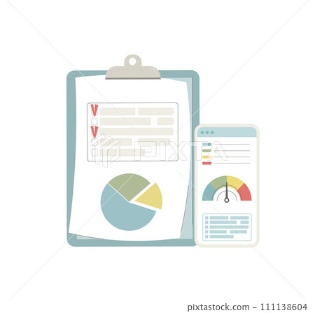 Body mass index app and diet plan. BMI and weight control checklist. Chart indicator. tablet and mobile phone. Vector flat illustration Body mass index app and diet plan. BMI and weight control checklist. Chart indicator. tablet and mobile phone. Vector flat illustration 111138604