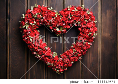 A heart-shaped wreath for valentines day decorations on a rustic wooden door. 111138674