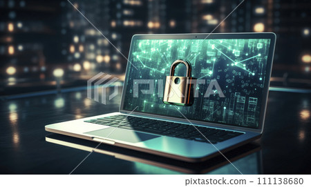 Shiny padlock in front of laptop protecting business and financial data with innovation technology, develop smart solution from digital attack. Shiny padlock in front of laptop protecting business and financial data with innovation technology, develop smart solution from digital attack. 111138680