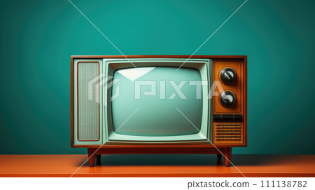 Old vintage retro Television with wooden case on wood table with mint blue background. 111138782