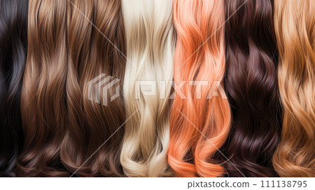 Shiny hair extensions of natural hair different colours. Shiny texture luxurious hair. 111138795