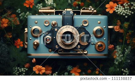 A blue retro camera with a wild plants and flowers. Nature photography is a very fulfilling and exciting hobby. 111138837