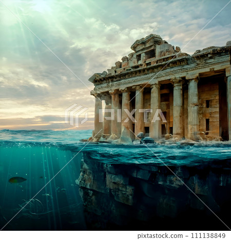 Imaging Construction with columns of lost Atlantida world around ocean water. Lost ancient civilization. paint style. Ai generated 111138849