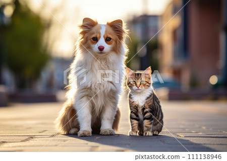 Homeless sad kitten and dog sitting on a street. Concept of protecting homeless animals. 111138946