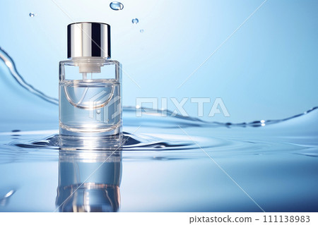 Perfume in a glass bottle on a blue water background. Great advertising poster for promoting a new fragrance. Perfume in a glass bottle on a blue water background. Great advertising poster for promoting a new fragrance. 111138983