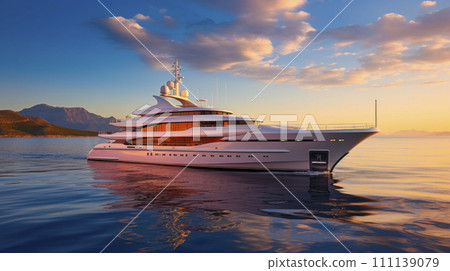 Beautiful modern white yacht on the blue sea, against the background of the mountains. Superyacht at anchor on a sunset. 111139079