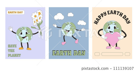 Happy Earth day retro banners with mascot in rubber hose style set. Save the planet groovy poster with character globe. Template for holiday and eco design. Vector illustration Happy Earth day retro banners with mascot in rubber hose style set. Save the planet groovy poster with character globe. Template for holiday and eco design. Vector illustration 111139107
