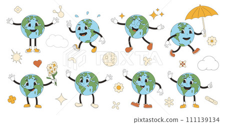 Planet Earth in retro style. Cute globe characters set isolated on white background. Retro funny mascots collections. Vector modern flat illustration 111139134