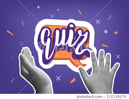 Quiz announce. Online intellectual game with questions. Vector collage illustration Quiz announce. Online intellectual game with questions. Vector collage illustration 111139174
