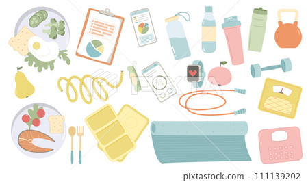 Gym and sport stuff. Healthy lifestyle set. Diet plan elements collection. Food and fitness items. Weight loss control. Vector flat illustration isolated on white background 111139202