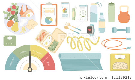 Healthy eating plate, sport and body mass index set isolated on white background. Sport and diet plan elements collection. Weight loss control with fitness and meal. Vector flat illustration 111139212