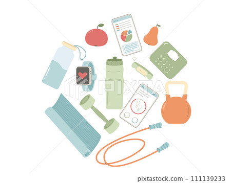 Gym and sport equipment circle composition. Healthy lifestyle wellbeing round label set. Weight cardio and workout training elements collection. Fitness items. Vector flat illustration isolated 111139233
