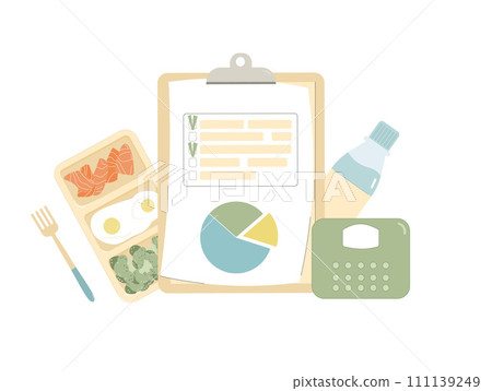 Diet plan program. Nutrient calories counting and ratio of protein, carbohydrates and fat. Healthy lifestyle tracking planer. Weight loss control. Vector flat illustration isolated on white background 111139249