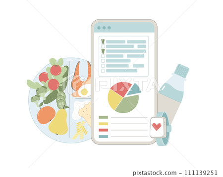 Healthy life active tracking concept. Calories, pulse counting and ratio of protein, carb and fat. Weight loss control. Vector flat illustration isolated on white background 111139251