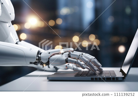 Robot hands using laptop computer, artificial intelligence digital futuristic technology concept . Robot hands using laptop computer, artificial intelligence digital futuristic technology concept . 111139252