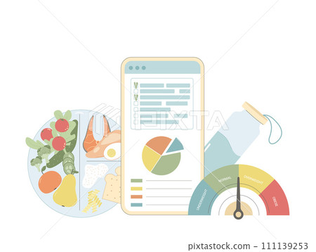 Healthy lifestyle concept. Healthy eating plate, body mass index. Calories counting and ratio of nutrients. Weight loss control. Vector flat illustration isolated on white background Healthy lifestyle concept. Healthy eating plate, body mass index. Calories counting and ratio of nutrients. Weight loss control. Vector flat illustration isolated on white background 111139253