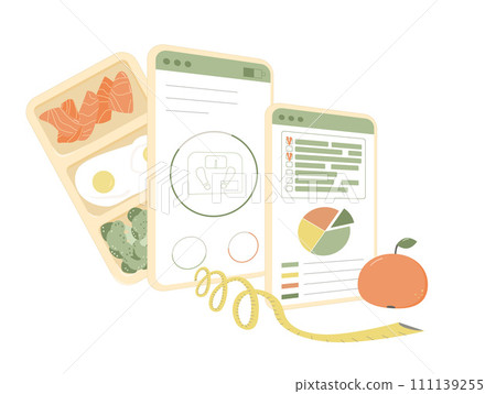 Diet plan program concept. Calories counting and ratio of protein, carbohydrates and fat. Weight loss control. Wellbieng and healthy lifestyle tracking concept. Vector flat illustration Diet plan program concept. Calories counting and ratio of protein, carbohydrates and fat. Weight loss control. Wellbieng and healthy lifestyle tracking concept. Vector flat illustration 111139255