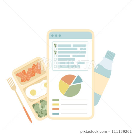 Calories counting and ratio of protein, carbohydrates and fat. Healthy lifestyle tracking concept. Weight loss control. Vector flat illustration isolated on white background 111139261