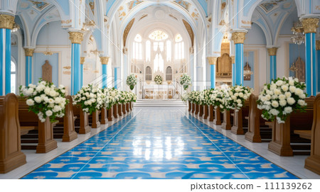 Empty blue church decorated with white flowers for a wedding ceremony. 111139262