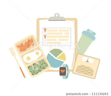 Wellbeing diet plan and fitness training schedule program. Healthy eating and sport. Nutrient counting checklist. Meal and activity tracking concept. Weight loss control. Vector flat illustration Wellbeing diet plan and fitness training schedule program. Healthy eating and sport. Nutrient counting checklist. Meal and activity tracking concept. Weight loss control. Vector flat illustration 111139263