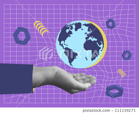 Planet Earth in collage hands in retro style. Educational template for poster and banner. World mental health day. global learning. Vector illustration 111139271