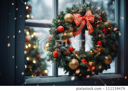Christmas wreath with red bow, modern decor on house front or building facade. 111139479