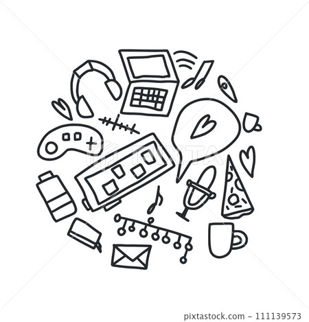 Digital retro elements round composition isolated on white background. Symbols circle badge. Vector doodle style illustration Digital retro elements round composition isolated on white background. Symbols circle badge. Vector doodle style illustration 111139573