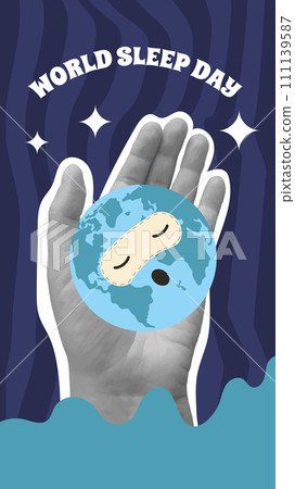 World sleep day vertical banner for social media. Earth with hand collage card. Planet retro poster. Template for holiday design with glop map. Vector illustration 111139587