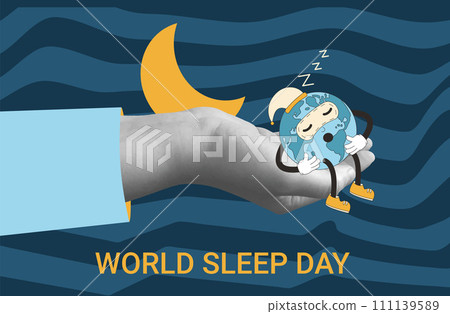 World sleep day horizontal banner. Earth mascot with hand collage card. Planet retro poster. Template for holiday design with glop map. Vector illustration World sleep day horizontal banner. Earth mascot with hand collage card. Planet retro poster. Template for holiday design with glop map. Vector illustration 111139589