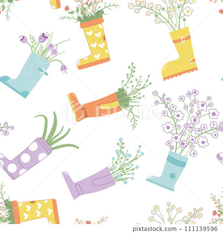 Rubber boot with flowers bouquet seamless pattern. Gardening spring endless background. Floral composition in waterproof shoes cover. Vector flat illustration 111139596