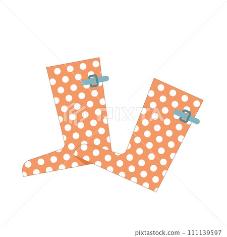 Rubber boots in polka dot design. Pair of shoes for rainy weather. Spring elements set isolated on white background. Vector flat illustration Rubber boots in polka dot design. Pair of shoes for rainy weather. Spring elements set isolated on white background. Vector flat illustration 111139597