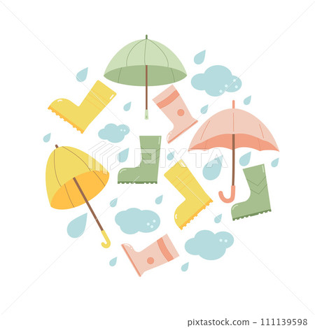 Rainy bad weather round badge. Rubber boots, umbrellas dark clouds and waters drops circle composition. Spring symbols isolated on white background. Vector illustration Rainy bad weather round badge. Rubber boots, umbrellas dark clouds and waters drops circle composition. Spring symbols isolated on white background. Vector illustration 111139598