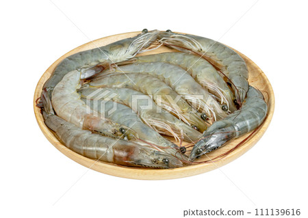 shrimp raw with wooden plate isolated 111139616